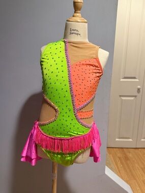 Neon Lime, Coral & Hot Pink Kids One-Piece Performance Bodysuit - fits a 8-10
